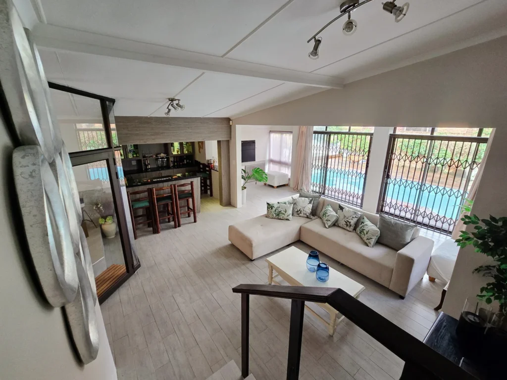 Open-plan lounge and dining area viewed from above